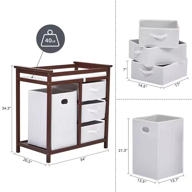 Wooden Baby Changing Table, Modern Diaper Changing Table, Infant Diaper Station Dresser with Laundry Hamper, 3 Drawer Basket