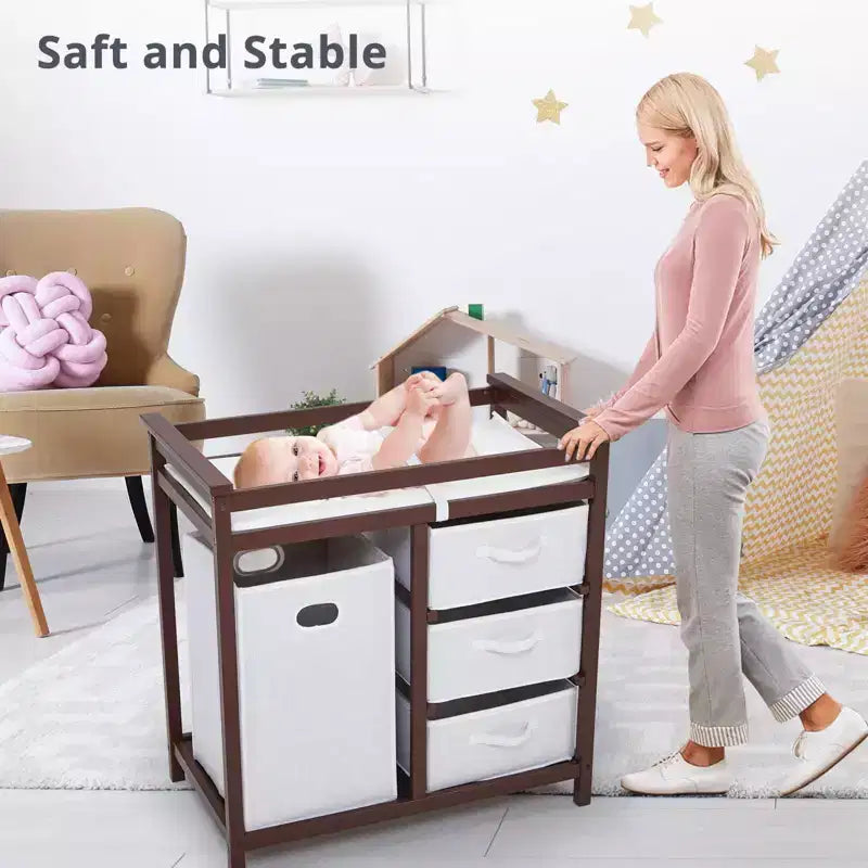 Wooden Baby Changing Table, Modern Diaper Changing Table, Infant Diaper Station Dresser with Laundry Hamper, 3 Drawer Basket