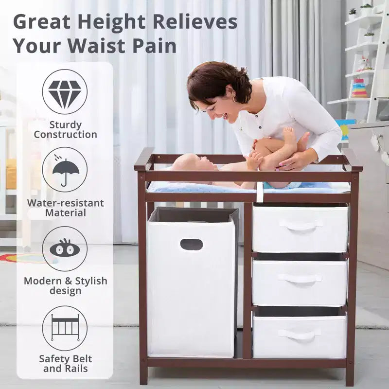 Wooden Baby Changing Table, Modern Diaper Changing Table, Infant Diaper Station Dresser with Laundry Hamper, 3 Drawer Basket