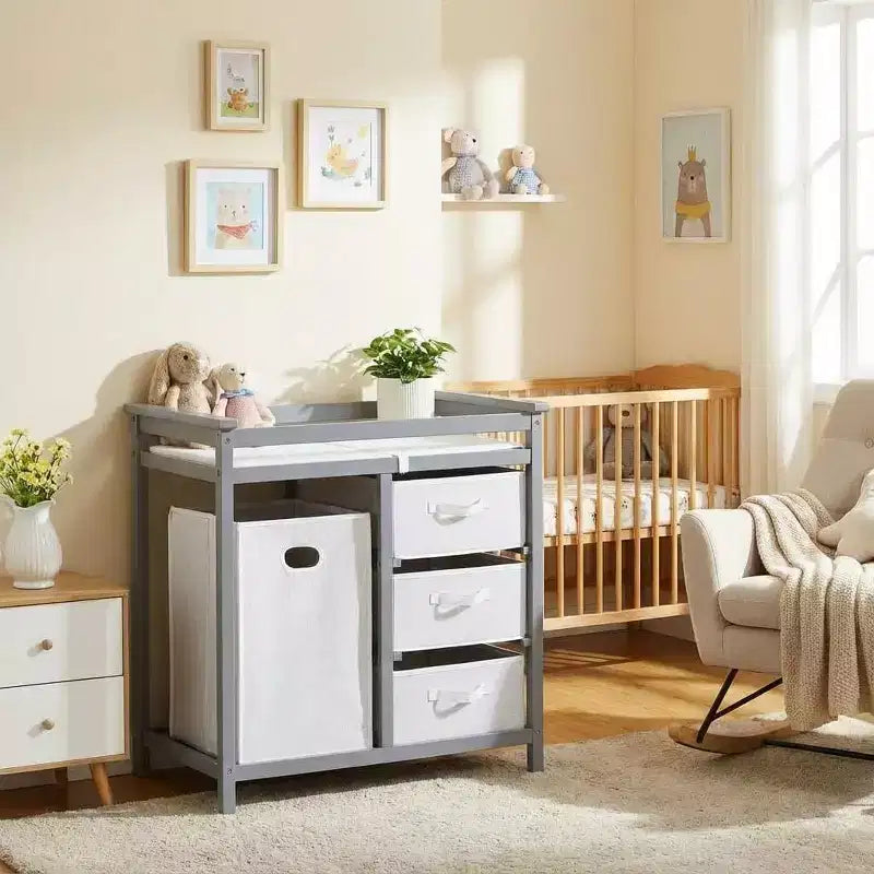 Wooden Baby Changing Table, Modern Diaper Changing Table, Infant Diaper Station Dresser with Laundry Hamper, 3 Drawer Basket
