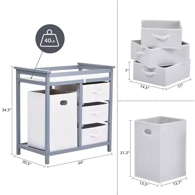Wooden Baby Changing Table, Modern Diaper Changing Table, Infant Diaper Station Dresser with Laundry Hamper, 3 Drawer Basket