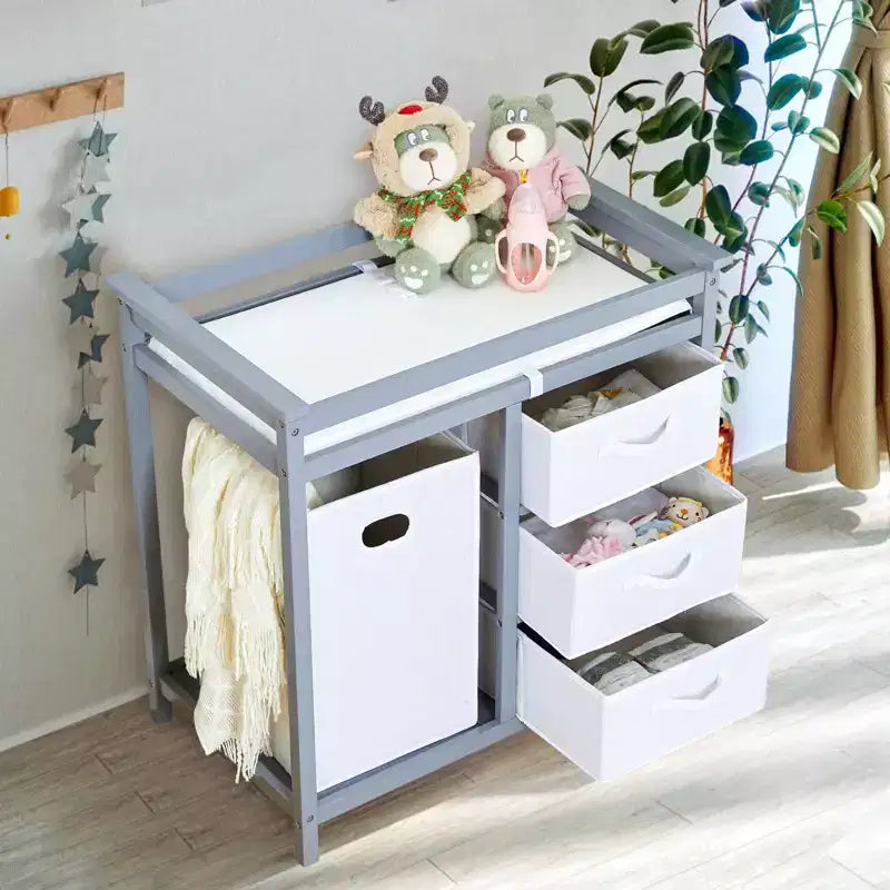 Wooden Baby Changing Table, Modern Diaper Changing Table, Infant Diaper Station Dresser with Laundry Hamper, 3 Drawer Basket