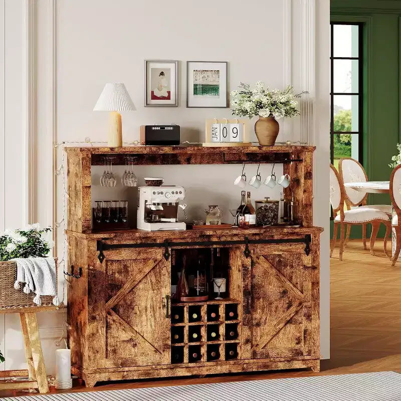 55 Black Farmhouse Coffee Bar Cabinet - Power Outlet & LED Light, Sliding Barn Door, 12-Bottle Wine Rack, 2-Tier Drawers