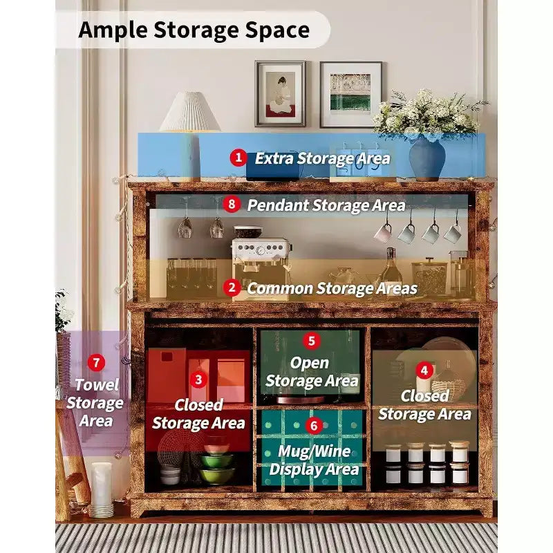 55 Black Farmhouse Coffee Bar Cabinet - Power Outlet & LED Light, Sliding Barn Door, 12-Bottle Wine Rack, 2-Tier Drawers