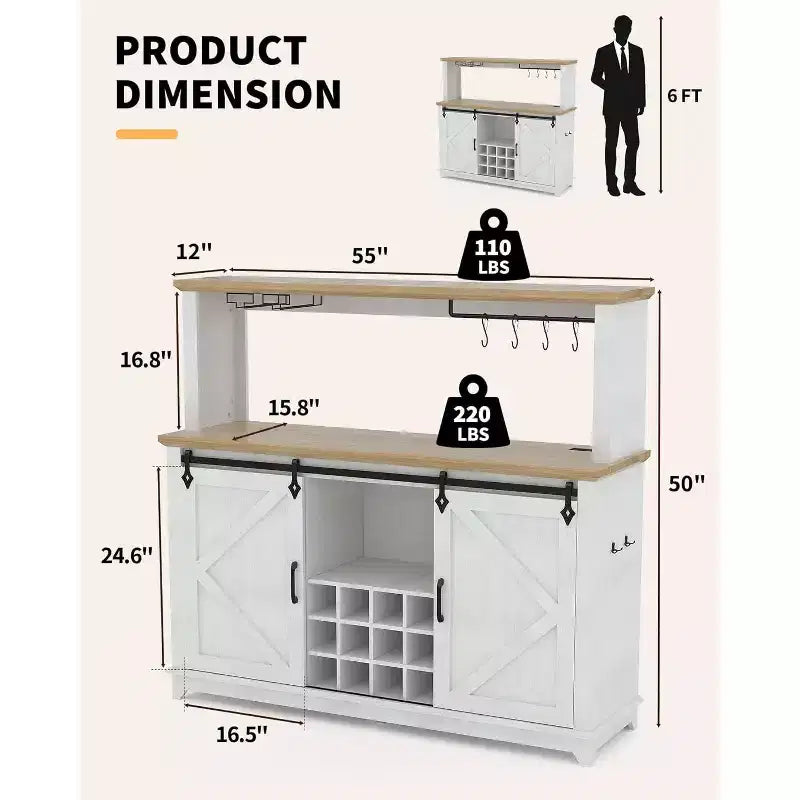 55 Black Farmhouse Coffee Bar Cabinet - Power Outlet & LED Light, Sliding Barn Door, 12-Bottle Wine Rack, 2-Tier Drawers