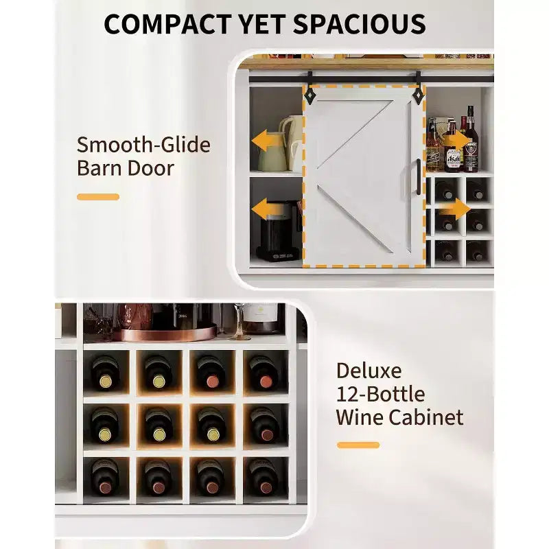 55 Black Farmhouse Coffee Bar Cabinet - Power Outlet & LED Light, Sliding Barn Door, 12-Bottle Wine Rack, 2-Tier Drawers