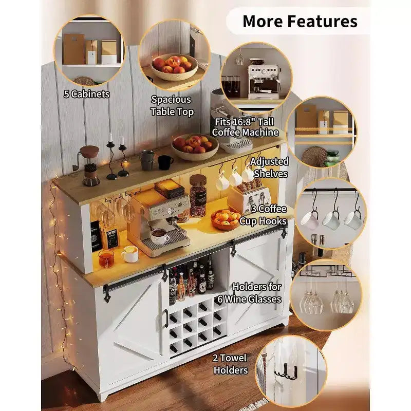 55 Black Farmhouse Coffee Bar Cabinet - Power Outlet & LED Light, Sliding Barn Door, 12-Bottle Wine Rack, 2-Tier Drawers