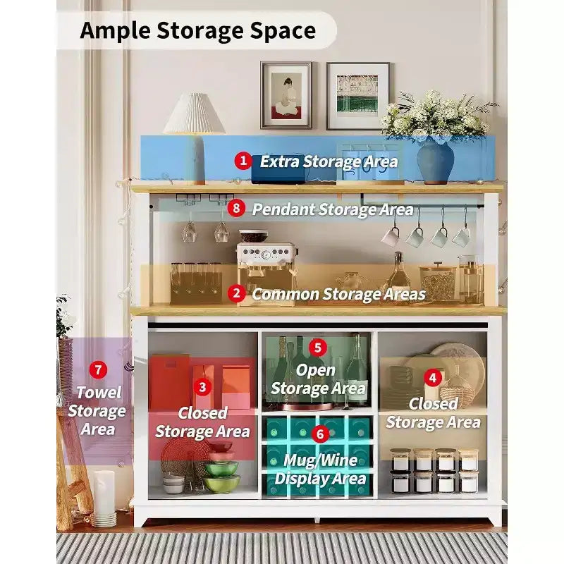55 Black Farmhouse Coffee Bar Cabinet - Power Outlet & LED Light, Sliding Barn Door, 12-Bottle Wine Rack, 2-Tier Drawers