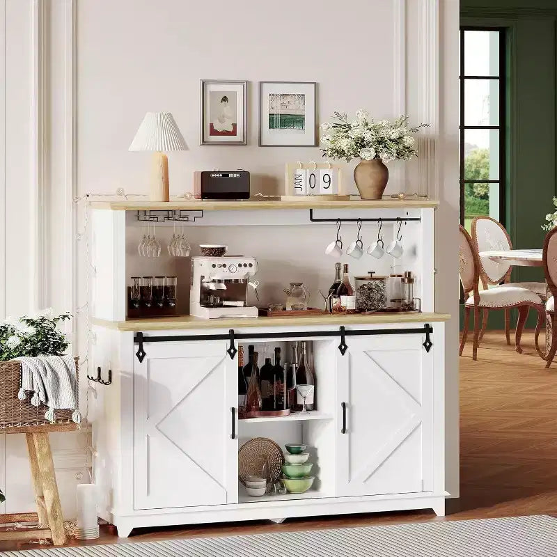 55 Black Farmhouse Coffee Bar Cabinet - Power Outlet & LED Light, Sliding Barn Door, 12-Bottle Wine Rack, 2-Tier Drawers