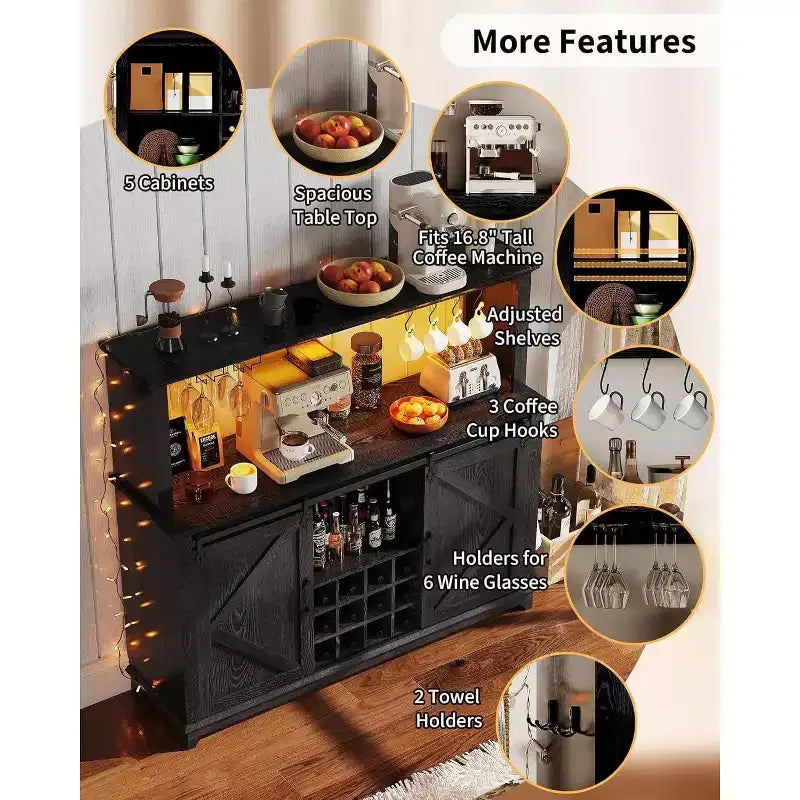 55 Black Farmhouse Coffee Bar Cabinet - Power Outlet & LED Light, Sliding Barn Door, 12-Bottle Wine Rack, 2-Tier Drawers