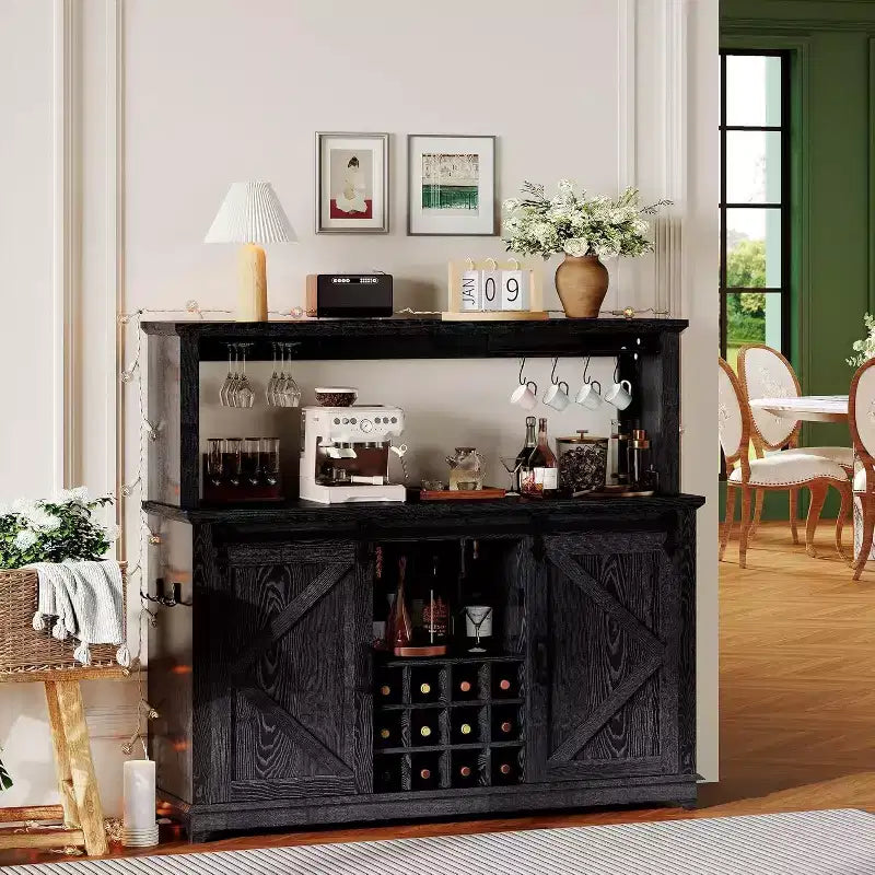 55 Black Farmhouse Coffee Bar Cabinet - Power Outlet & LED Light, Sliding Barn Door, 12-Bottle Wine Rack, 2-Tier Drawers