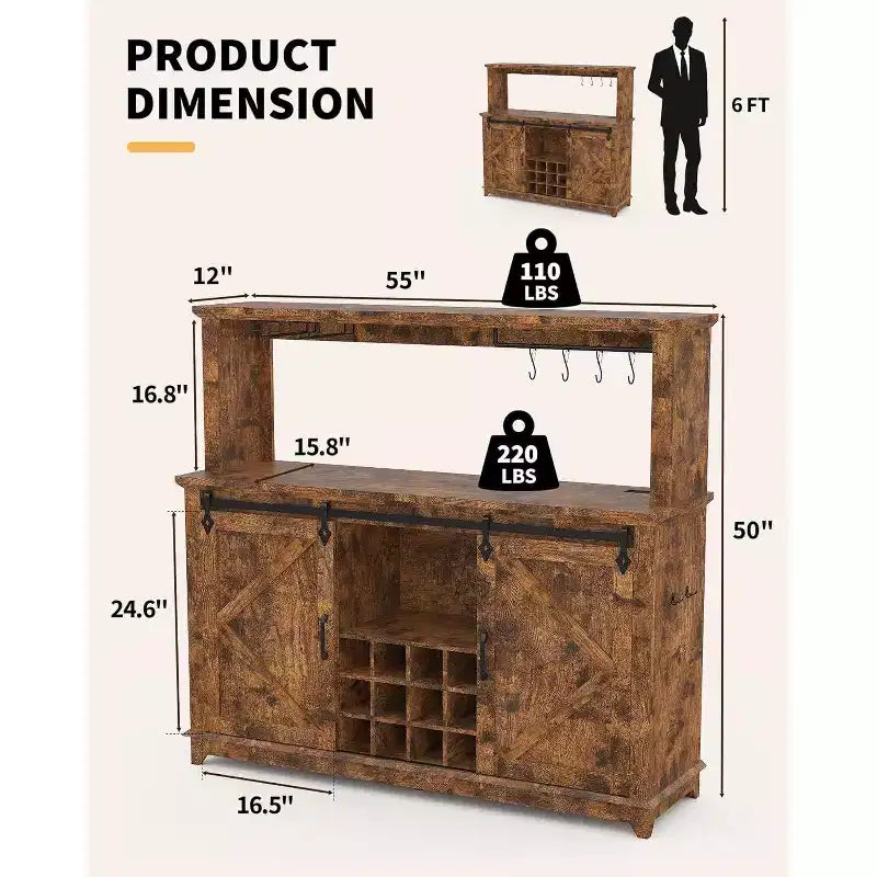 55 Black Farmhouse Coffee Bar Cabinet - Power Outlet & LED Light, Sliding Barn Door, 12-Bottle Wine Rack, 2-Tier Drawers