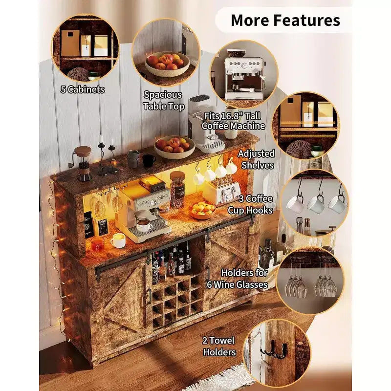 55 Black Farmhouse Coffee Bar Cabinet - Power Outlet & LED Light, Sliding Barn Door, 12-Bottle Wine Rack, 2-Tier Drawers
