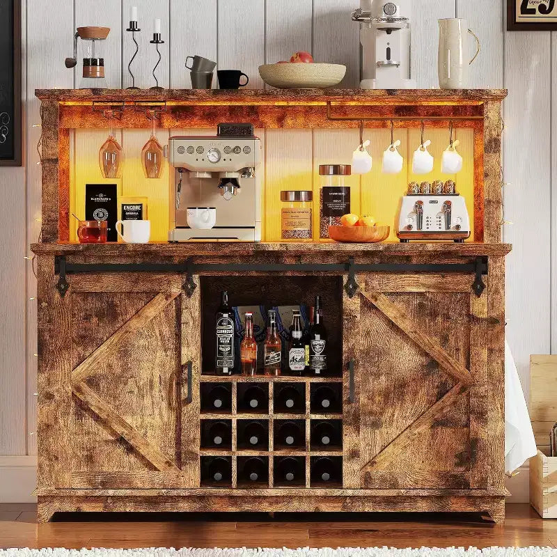 55 Black Farmhouse Coffee Bar Cabinet - Power Outlet & LED Light, Sliding Barn Door, 12-Bottle Wine Rack, 2-Tier Drawers