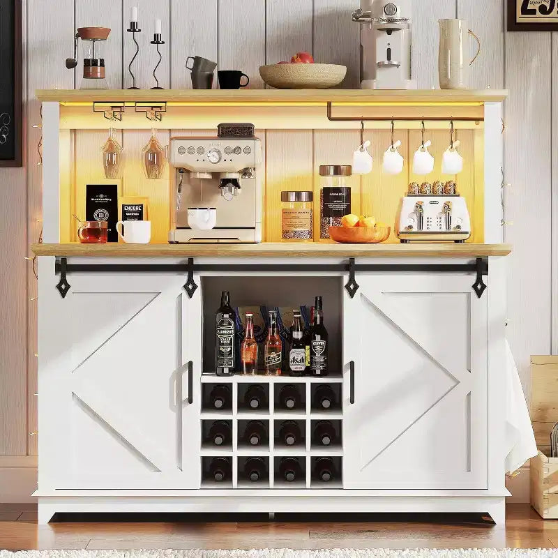 55 Black Farmhouse Coffee Bar Cabinet - Power Outlet & LED Light, Sliding Barn Door, 12-Bottle Wine Rack, 2-Tier Drawers