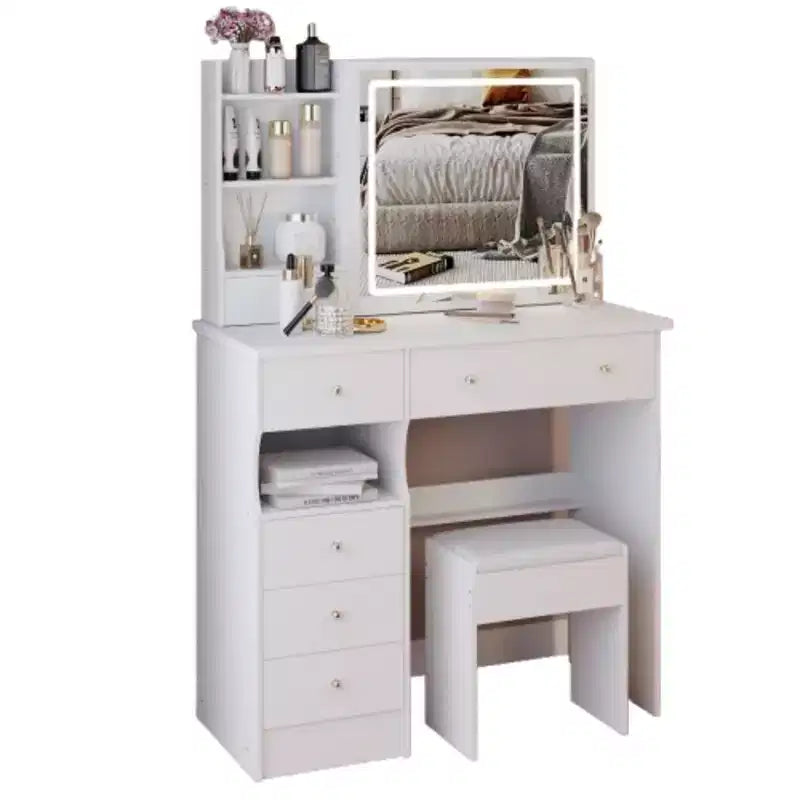 Vanity Table with Lighted Mirror and Stool, Small Space, White