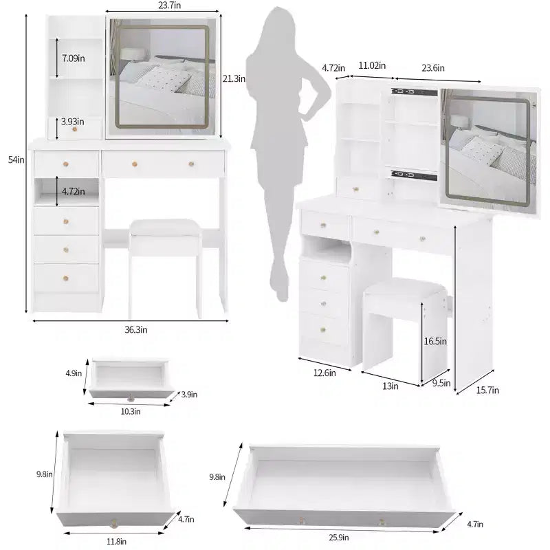Vanity Table with Lighted Mirror and Stool, Small Space, White