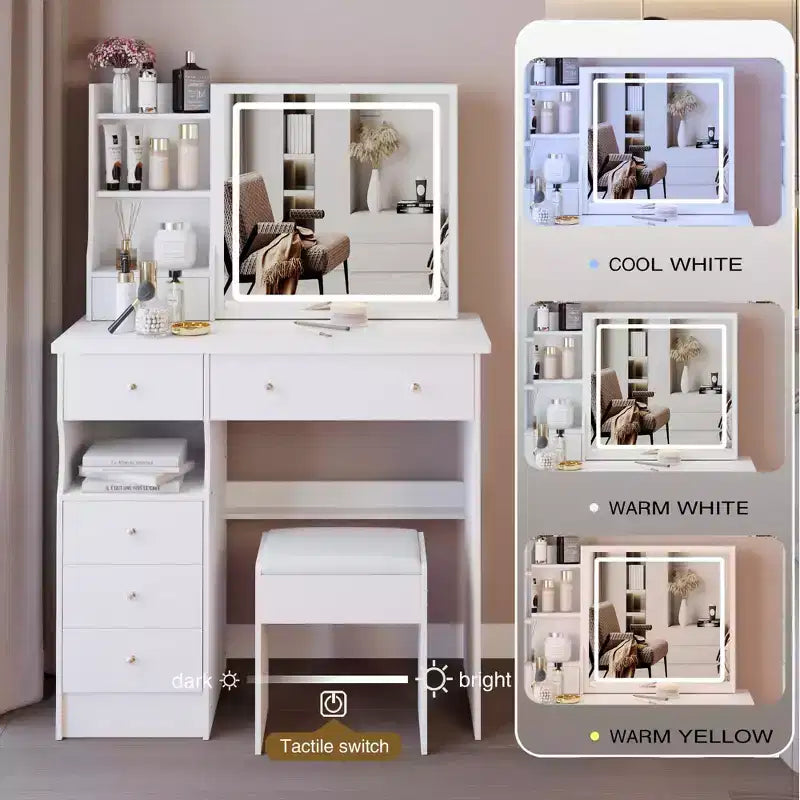 Vanity Table with Lighted Mirror and Stool, Small Space, White