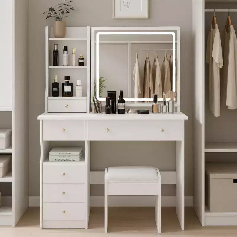 Vanity Table with Lighted Mirror and Stool, Small Space, White