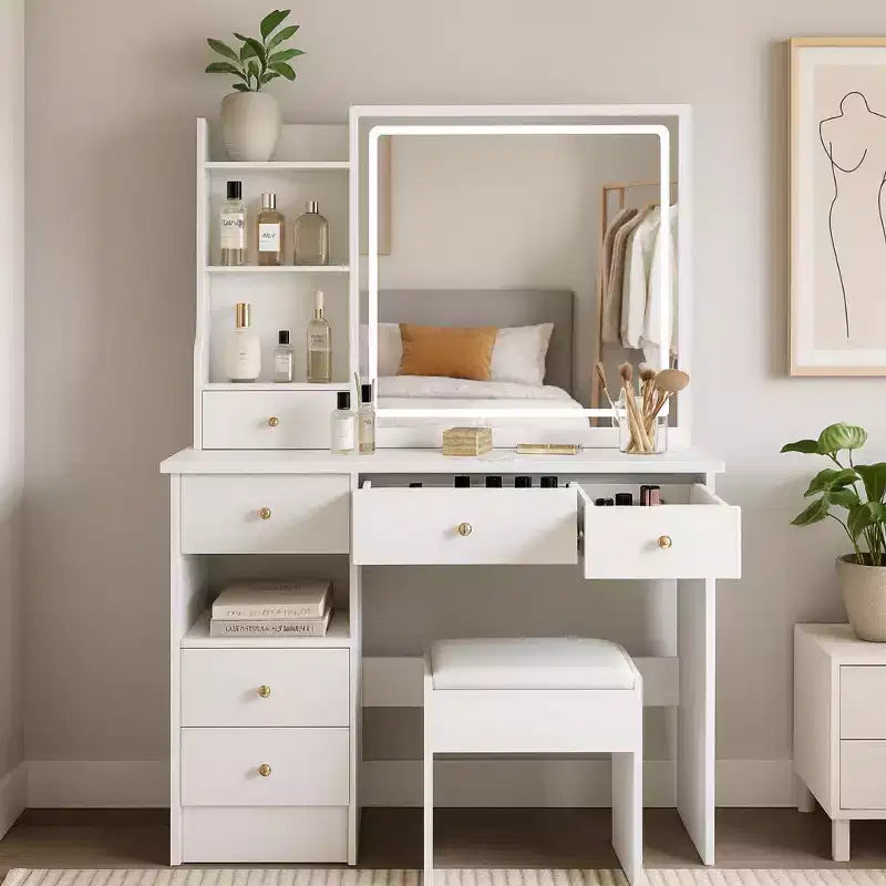Vanity Table with Lighted Mirror and Stool, Small Space, White