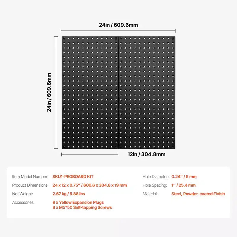 Metal Pegboard Panels, 24 x 12 Pegboard, 2 Panels, Heavy Duty Steel Peg Board Wall Organizer, Black