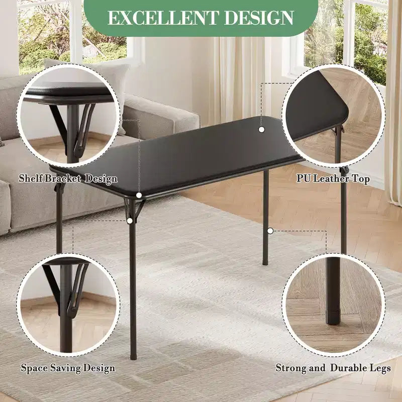 47" Folding Table, Heavy Duty Portable Card Table with PU Leather Top & Metal Legs, No Assembly, Indoor & Outdoor Use, Table Only