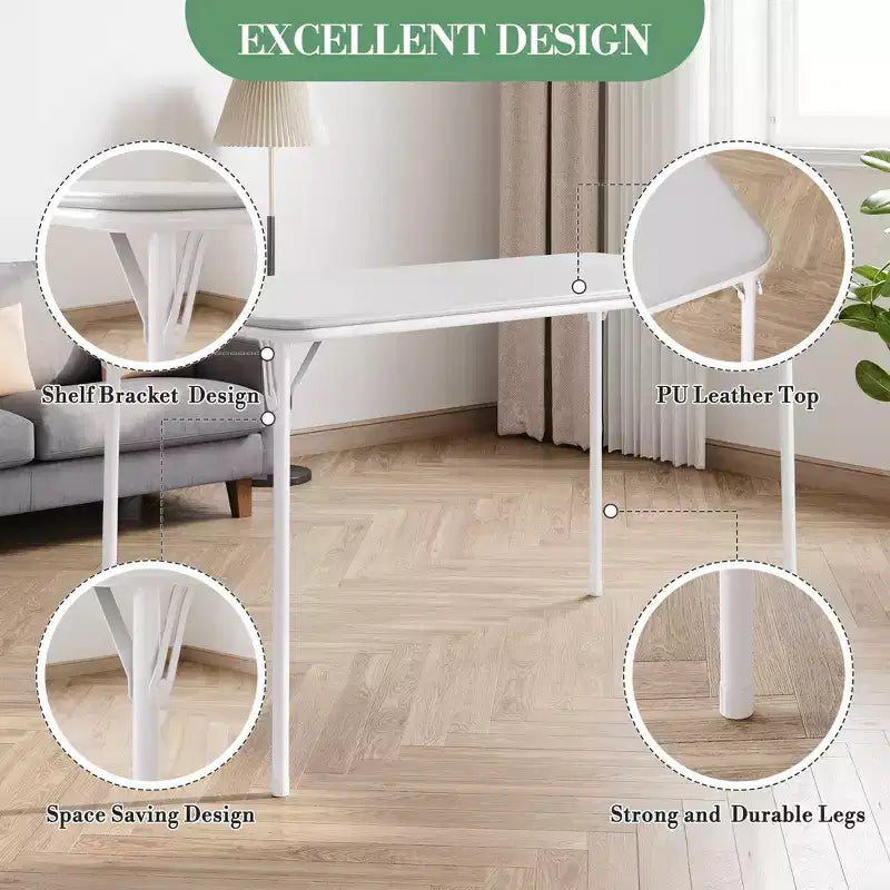 47" Folding Table, Heavy Duty Portable Card Table with PU Leather Top & Metal Legs, No Assembly, Indoor & Outdoor Use, Table Only