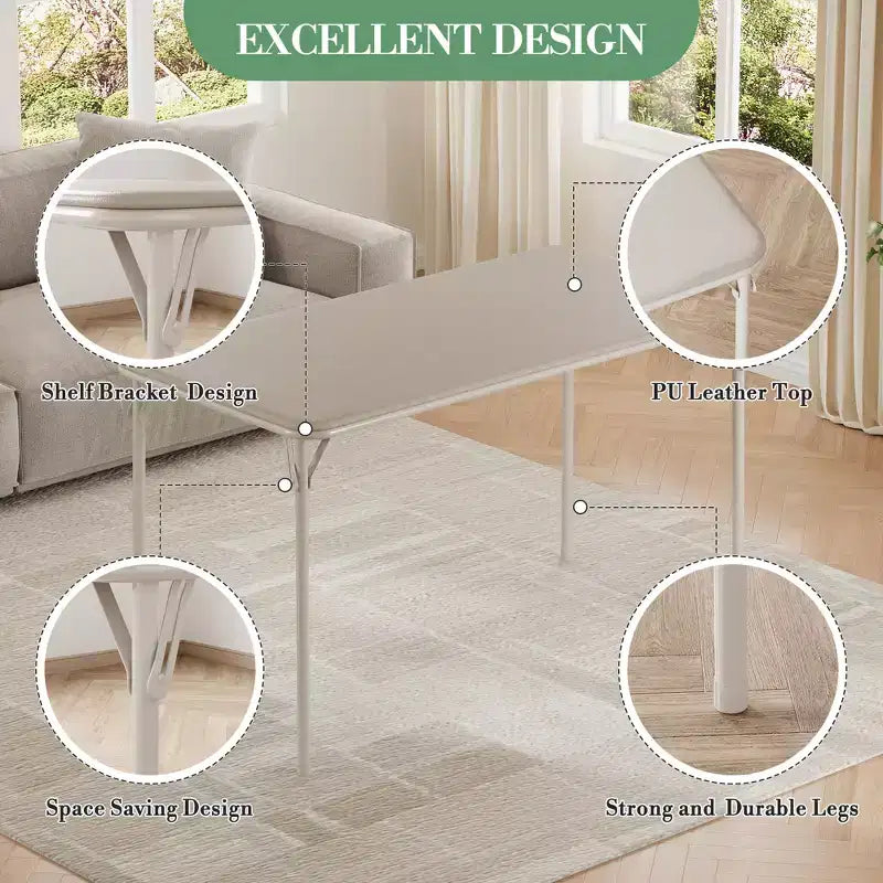 47" Folding Table, Heavy Duty Portable Card Table with PU Leather Top & Metal Legs, No Assembly, Indoor & Outdoor Use, Table Only