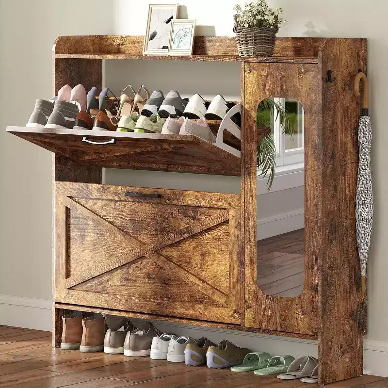 Zevemomo 40.51 Shoe Storage Cabinet with 2 Flip Drawers & Side Cabinet, Shoe Rack Organizer with Mirror and Adjustable Shelves, Dark Brown