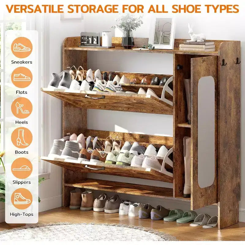 40.51" Shoe Storage Cabinet with 2 Flip Drawers & Side Cabinet, Shoe Rack Organizer with Mirror and Adjustable Shelves, Dark Brown