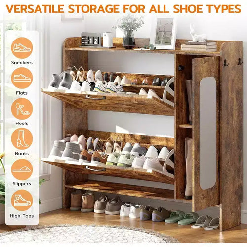 Meuble à chaussures de 102,9 cm avec 2 tiroirs basculants et une armoire latérale, organisateur de rangement de chaussures avec miroir et étagères réglables, marron foncé