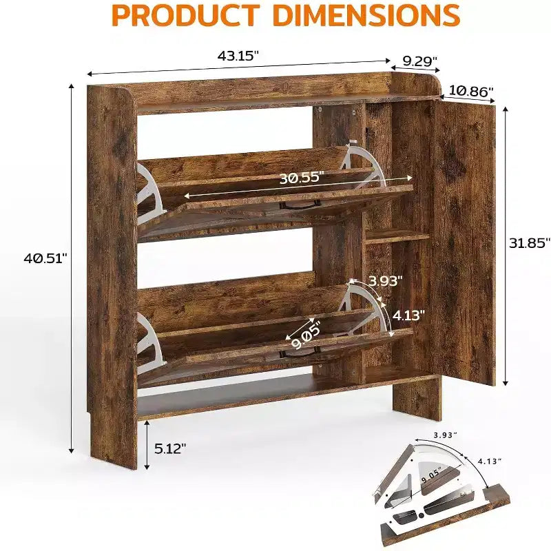 40.51" Shoe Storage Cabinet with 2 Flip Drawers & Side Cabinet, Shoe Rack Organizer with Mirror and Adjustable Shelves, Dark Brown