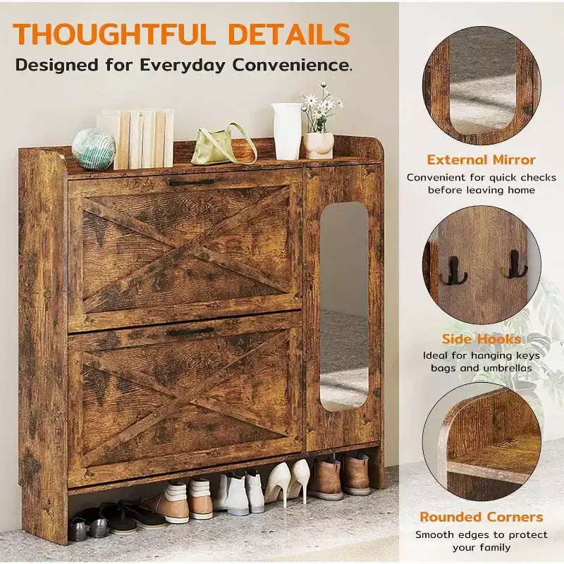 40.51" Shoe Storage Cabinet with 2 Flip Drawers & Side Cabinet, Shoe Rack Organizer with Mirror and Adjustable Shelves, Dark Brown