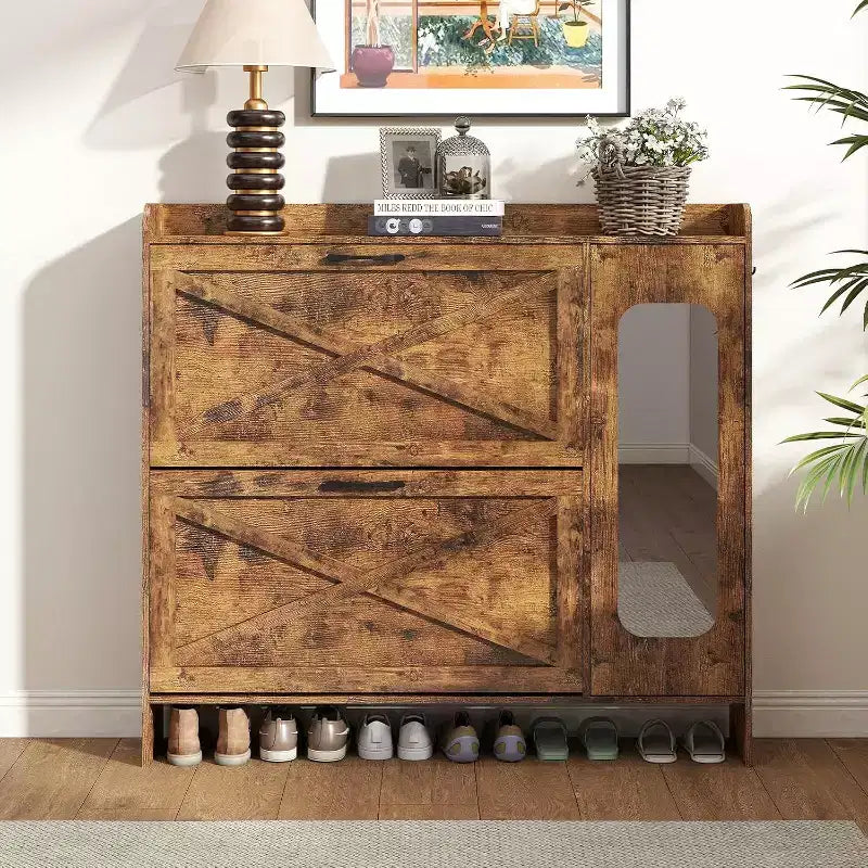 40.51" Shoe Storage Cabinet with 2 Flip Drawers & Side Cabinet, Shoe Rack Organizer with Mirror and Adjustable Shelves, Dark Brown