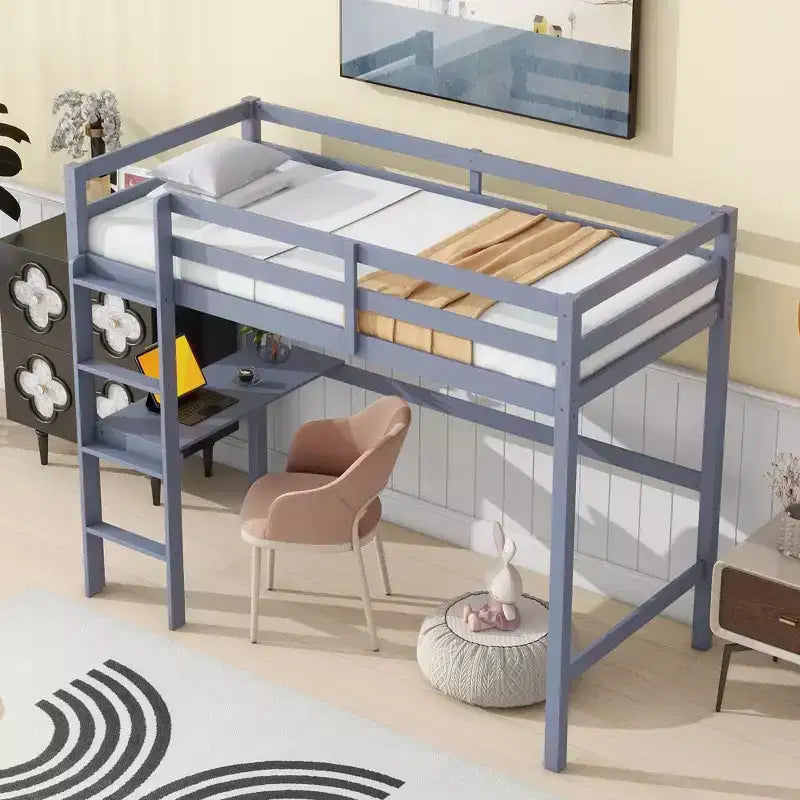 Bellemave Twin Loft Bed with Desk,Loft Bed for Kids, Boys, Girls,Wooden Loft Bed Frame,Built in Desk and Ladder, GrayRubber Wood