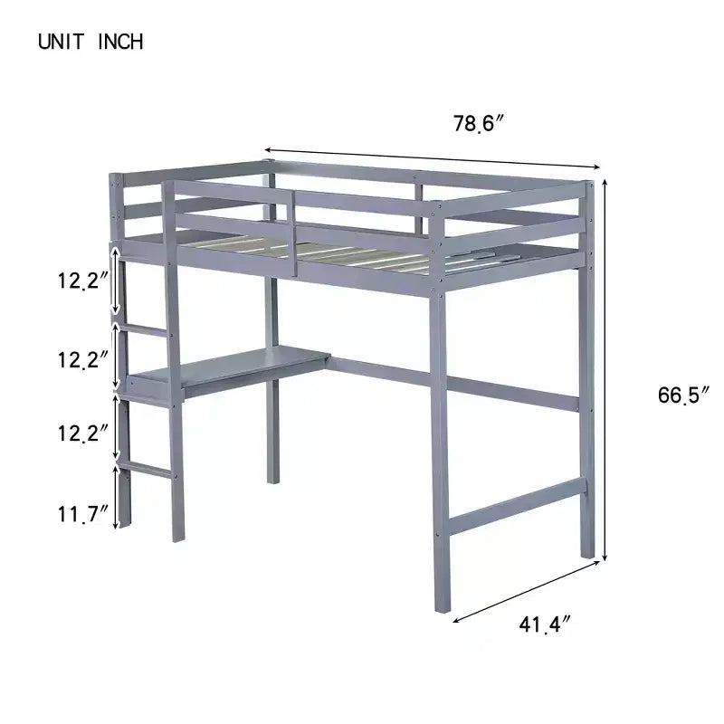 Twin Loft Bed with Desk for Kids, Boys, Girls, Wooden Loft Bed Frame, Built-in Desk and Ladder, Gray Rubber Wood