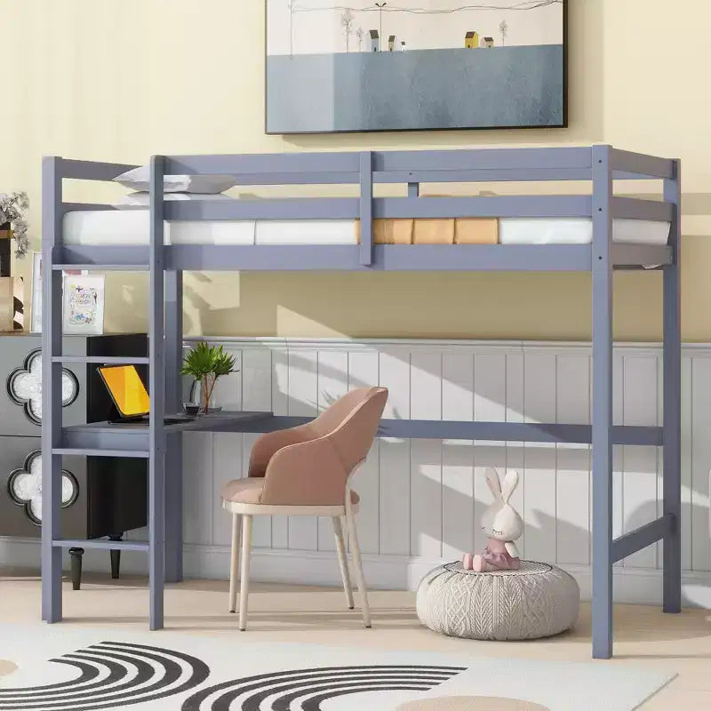 Twin Loft Bed with Desk for Kids, Boys, Girls, Wooden Loft Bed Frame, Built-in Desk and Ladder, Gray Rubber Wood
