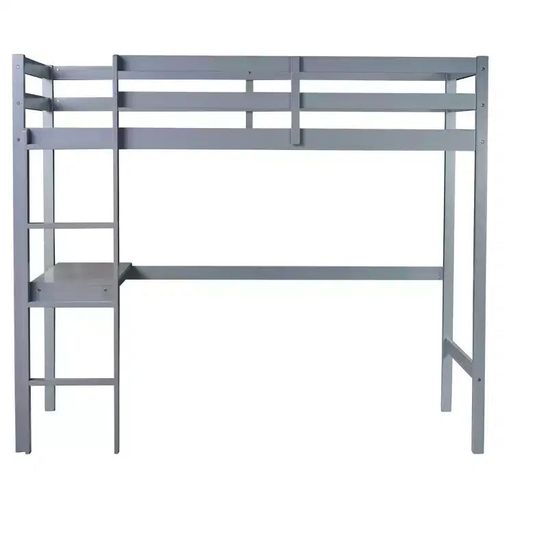 Twin Loft Bed with Desk for Kids, Boys, Girls, Wooden Loft Bed Frame, Built-in Desk and Ladder, Gray Rubber Wood