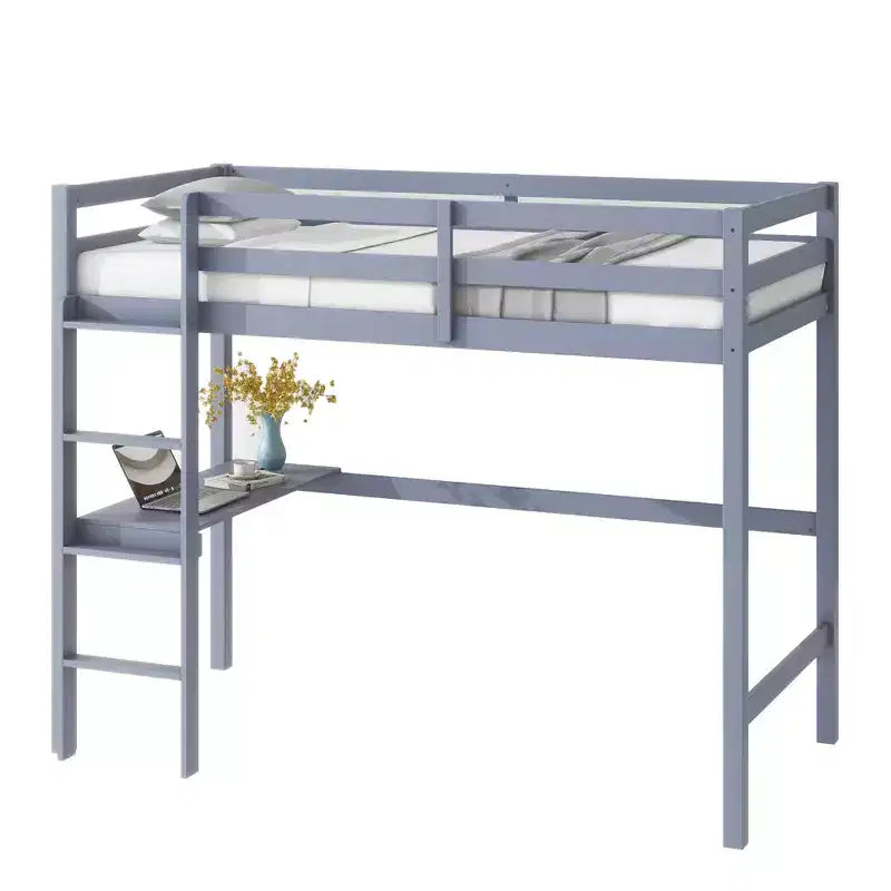 Twin Loft Bed with Desk for Kids, Boys, Girls, Wooden Loft Bed Frame, Built-in Desk and Ladder, Gray Rubber Wood