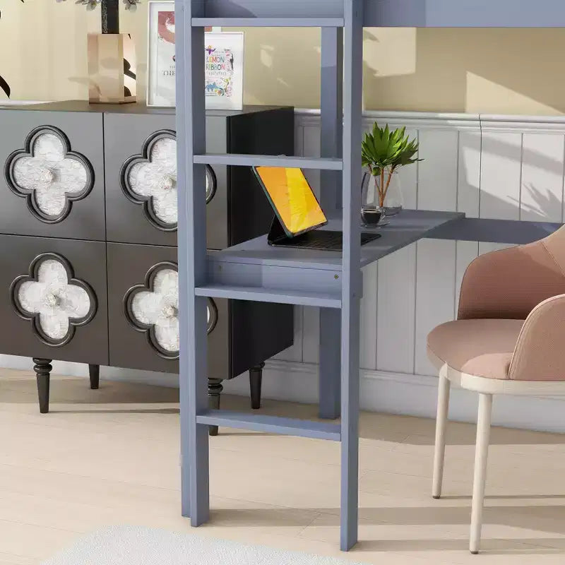 Twin Loft Bed with Desk for Kids, Boys, Girls, Wooden Loft Bed Frame, Built-in Desk and Ladder, Gray Rubber Wood