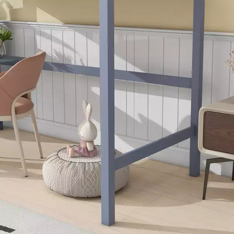 Twin Loft Bed with Desk for Kids, Boys, Girls, Wooden Loft Bed Frame, Built-in Desk and Ladder, Gray Rubber Wood