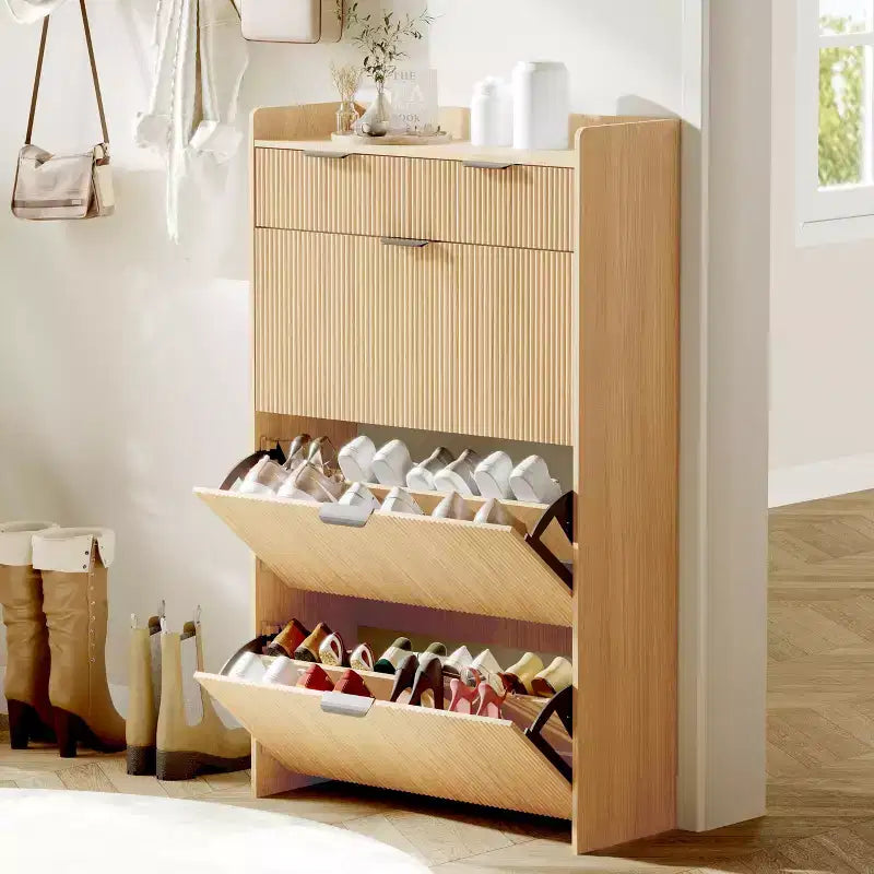 Slim Shoe Cabinet with 3 Flip Drawers & 2 Small Drawers, Freestanding Hidden Shoe Storage Organizer for Entryway, Hallway, Living Room