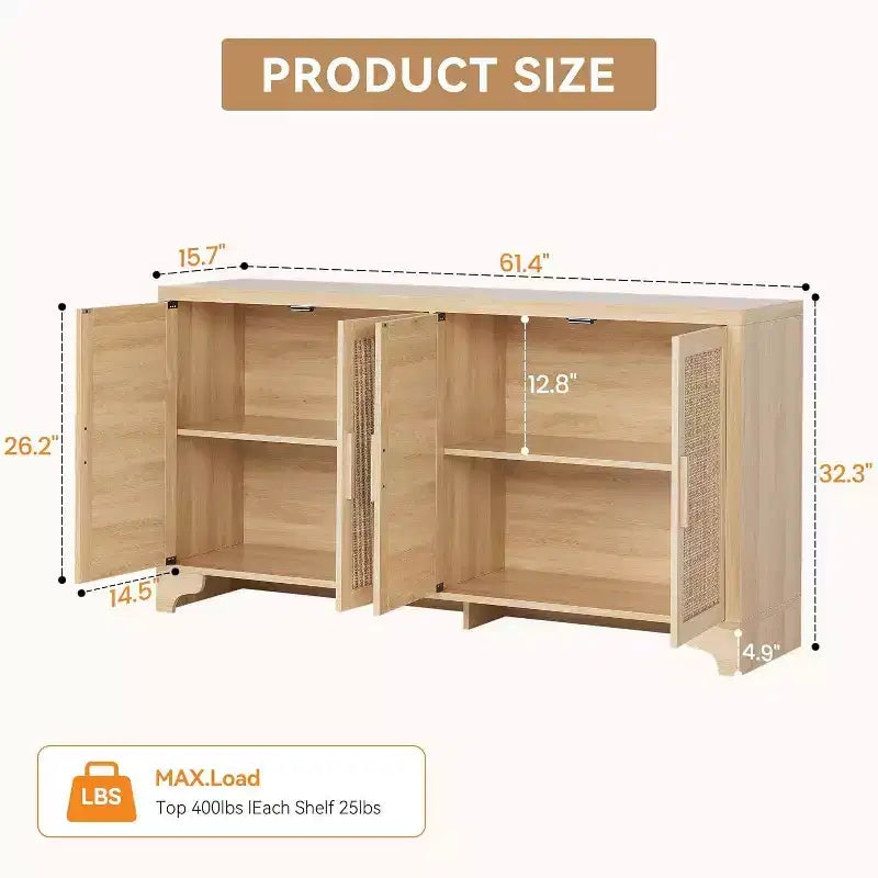 Natural Rattan 4-Door Sideboard Buffet Cabinet, Entryway Console Table, Coffee Bar, and Storage Buffet for Dining Room, Kitchen, and Living Room