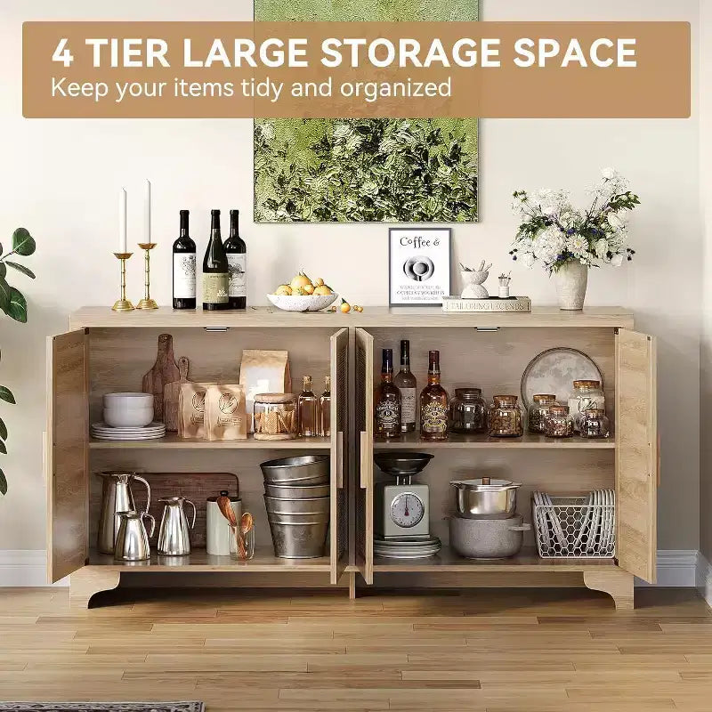 Natural Rattan 4-Door Sideboard Buffet Cabinet, Entryway Console Table, Coffee Bar, and Storage Buffet for Dining Room, Kitchen, and Living Room