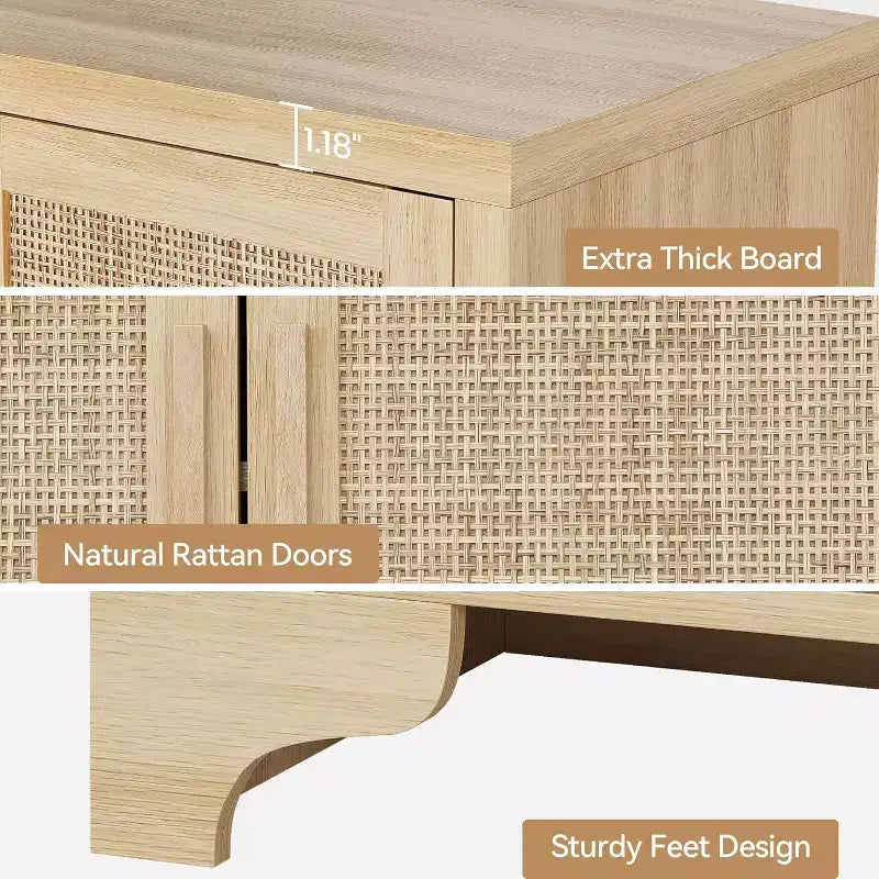 Natural Rattan 4-Door Sideboard Buffet Cabinet, Entryway Console Table, Coffee Bar, and Storage Buffet for Dining Room, Kitchen, and Living Room