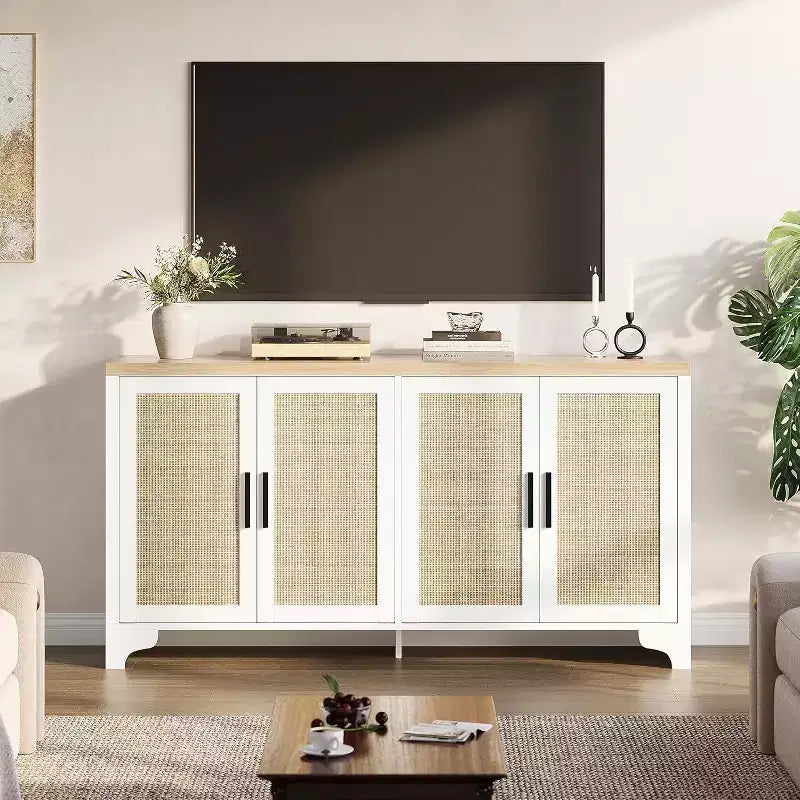Natural Rattan 4-Door Sideboard Buffet Cabinet, Entryway Console Table, Coffee Bar, and Storage Buffet for Dining Room, Kitchen, and Living Room