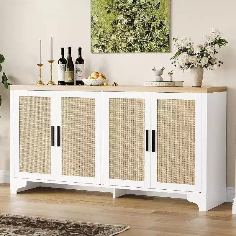 Natural Rattan 4-Door Sideboard Buffet Cabinet, Entryway Console Table, Coffee Bar, and Storage Buffet for Dining Room, Kitchen, and Living Room