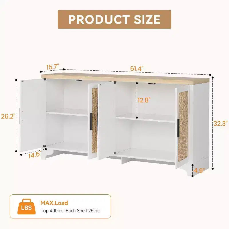Natural Rattan 4-Door Sideboard Buffet Cabinet, Entryway Console Table, Coffee Bar, and Storage Buffet for Dining Room, Kitchen, and Living Room