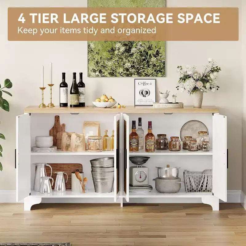 Natural Rattan 4-Door Sideboard Buffet Cabinet, Entryway Console Table, Coffee Bar, and Storage Buffet for Dining Room, Kitchen, and Living Room