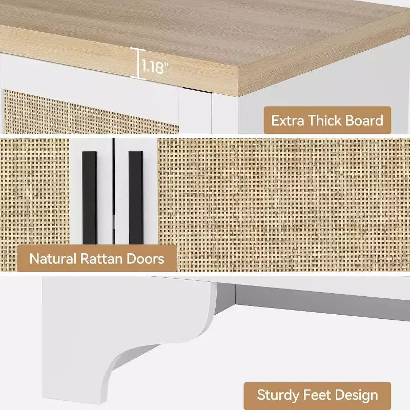 Natural Rattan 4-Door Sideboard Buffet Cabinet, Entryway Console Table, Coffee Bar, and Storage Buffet for Dining Room, Kitchen, and Living Room